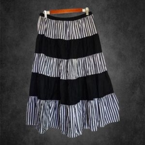 Vintage black and white striped tiered midi skirt